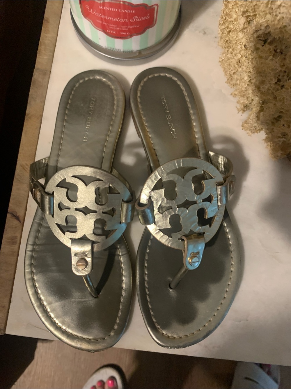 Tory Burch Metallic Gold Logo Thong Sandals